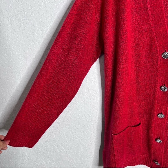Talbots Cardigan Women Medium sweater Button Up V Neck Red Rhinestone Buttons B3 - Picture 4 of 8